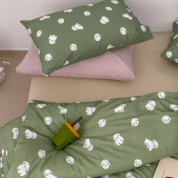 Sevimli karikatür köpek yeşil yatak seti çocuk genç, örgü pamuk ıkiz tam kraliçe kral ev tekstili çarşaf yastık kılıfı yorgan kapak