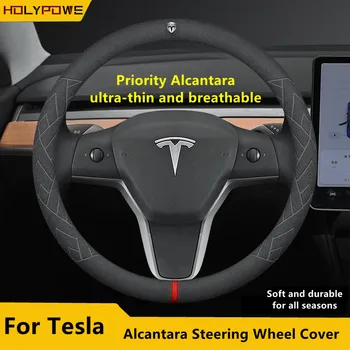 Tesla Modeli 3 Y S X Alcantara için direksiyon Simidi Kapağı Dört Mevsim 36-39 CM Çapı D / O Şekil Deri Iç Aksesuarları
