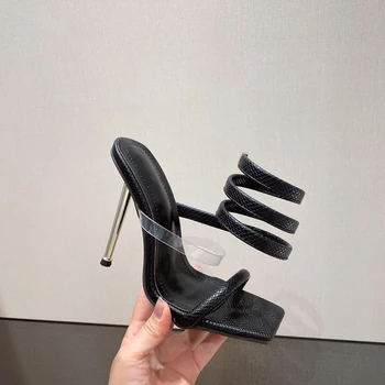 11 cm Mavi Topuklu Seksi Ayak Bileği Kayışı Bayanlar Yüksek topuklu sandalet Moda Kadın Kahverengi Topuklu Metal Stiletto Beyaz Ayakkabı Sendale Femme