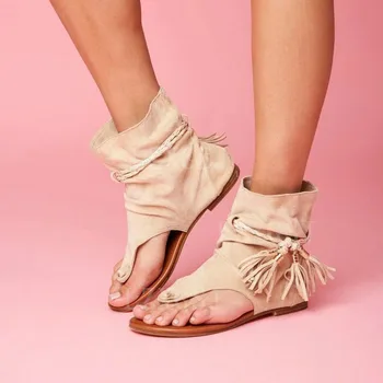 Yaz Vintage Nedensel Kadın Sandalet Püskül Plaj Flats Klip Ayak Bileği Çizmeler Roma Kadın Ayakkabı Gladyatör Sandalias Mujer