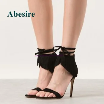 Abesire Burnu açık Püskül Ayak Bileği Kayışı Sandalet Ince Topuk Yaz Kadın Ayakkabı Yüksek topuklu sandalet Siyah Yeni Tasarım moda ayakkabılar Seksi
