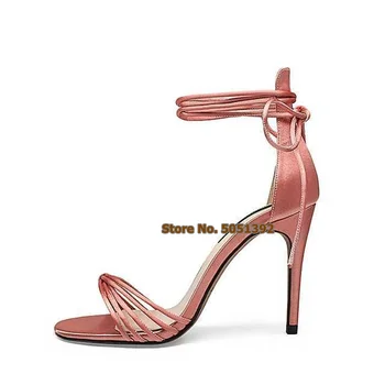 Dantel-up Ince Yüksek topuklu sandalet Burnu açık Zarif Ayak Bileği Kayışı Süet Yay-Düğüm Tatlı Artı Boyutu Ziyafet Elbise Ayakkabı