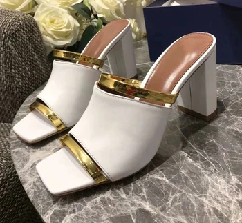 2021 yeni katır ayakkabı kadın kare ayak burnu açık kalın topuk kadın yaz altın siyah strappy yüksek topuklu sandalet elbise terlik